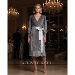 Alice + Olivia Anne Embellished Sequin Belted Wrap Dress Silver 0 NWT